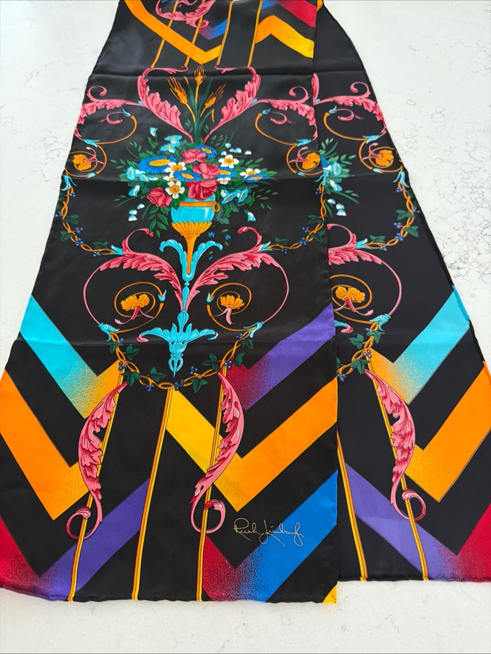Vintage Rush Limbaugh Colorful Baroque Floral Chevron Silk Scarf